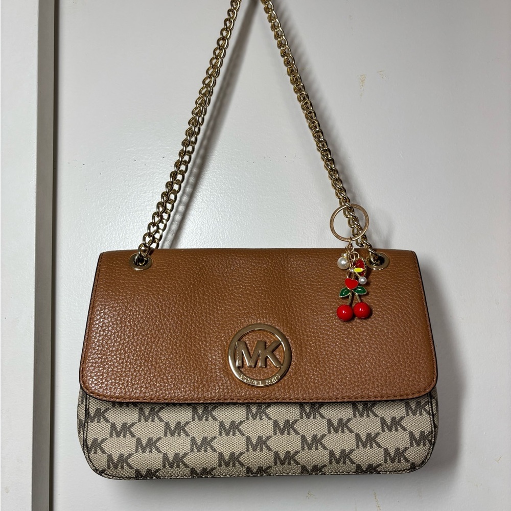 Michael Kors Fulton Brown Pebble & Canvas Leather Crossbody Purse